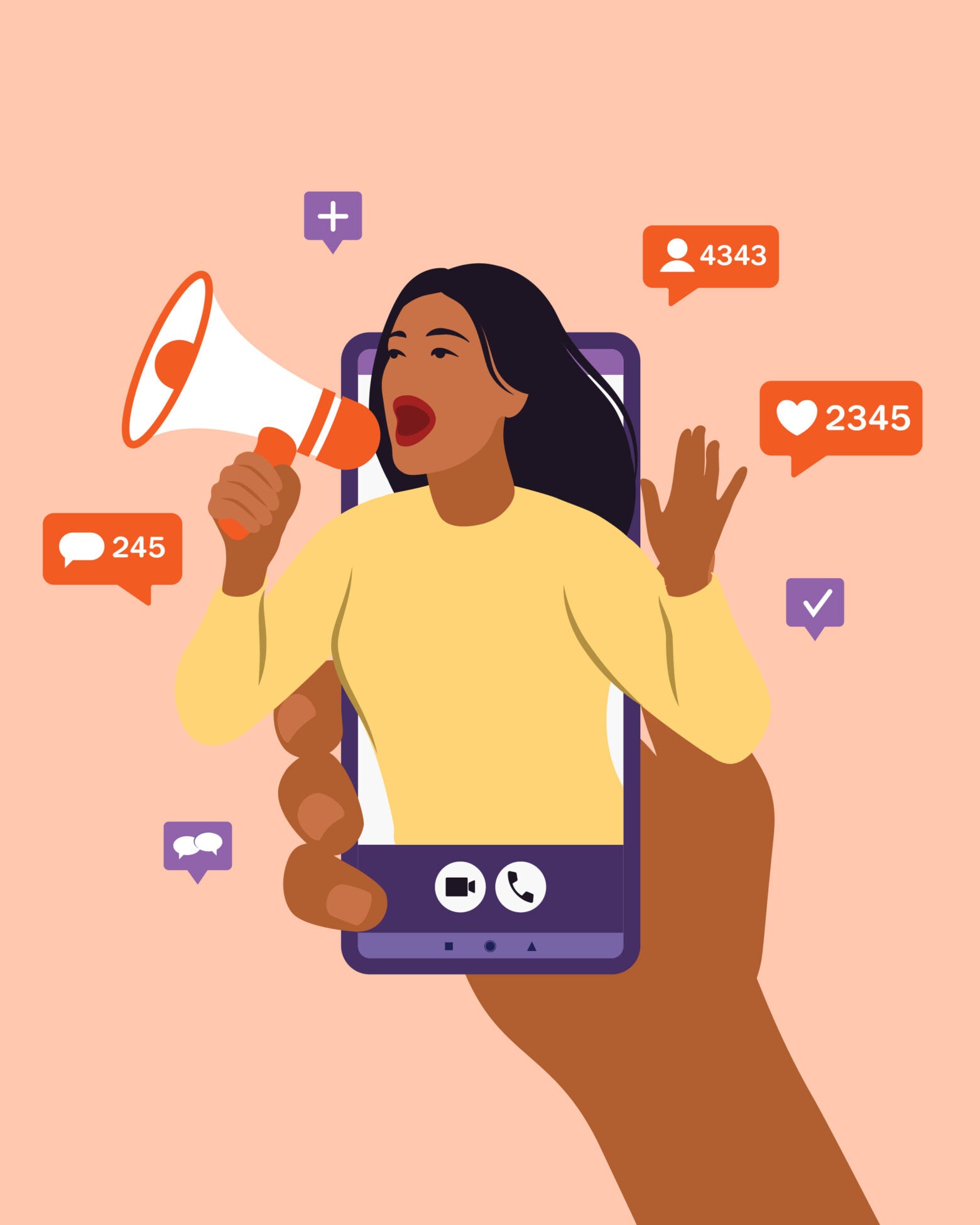 Illustration: A hand holds a smartphone with a female shouting in megaphone coming out of it. Social media bubbles float around the figure.