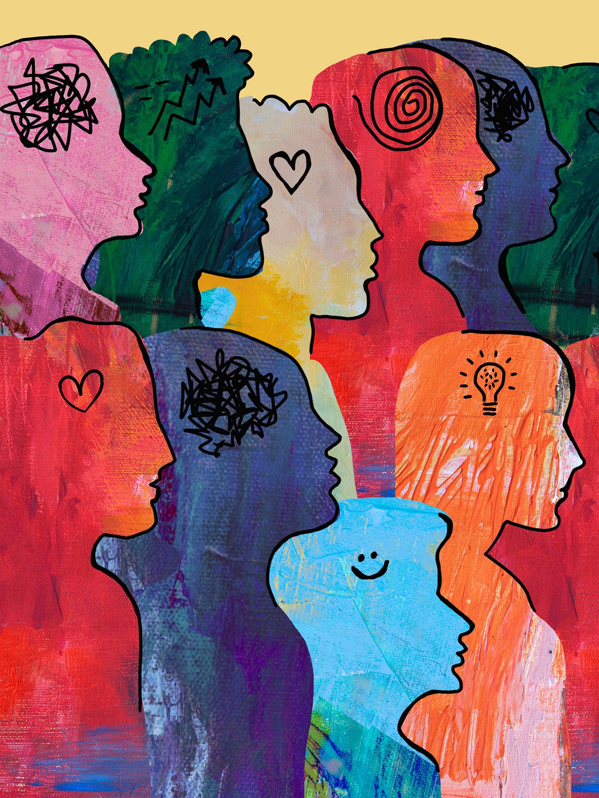 Illustration: Colorful painted figure profiles with different shapes in their heads: flower, sun, hearts, lightbulb, spiral, and more.