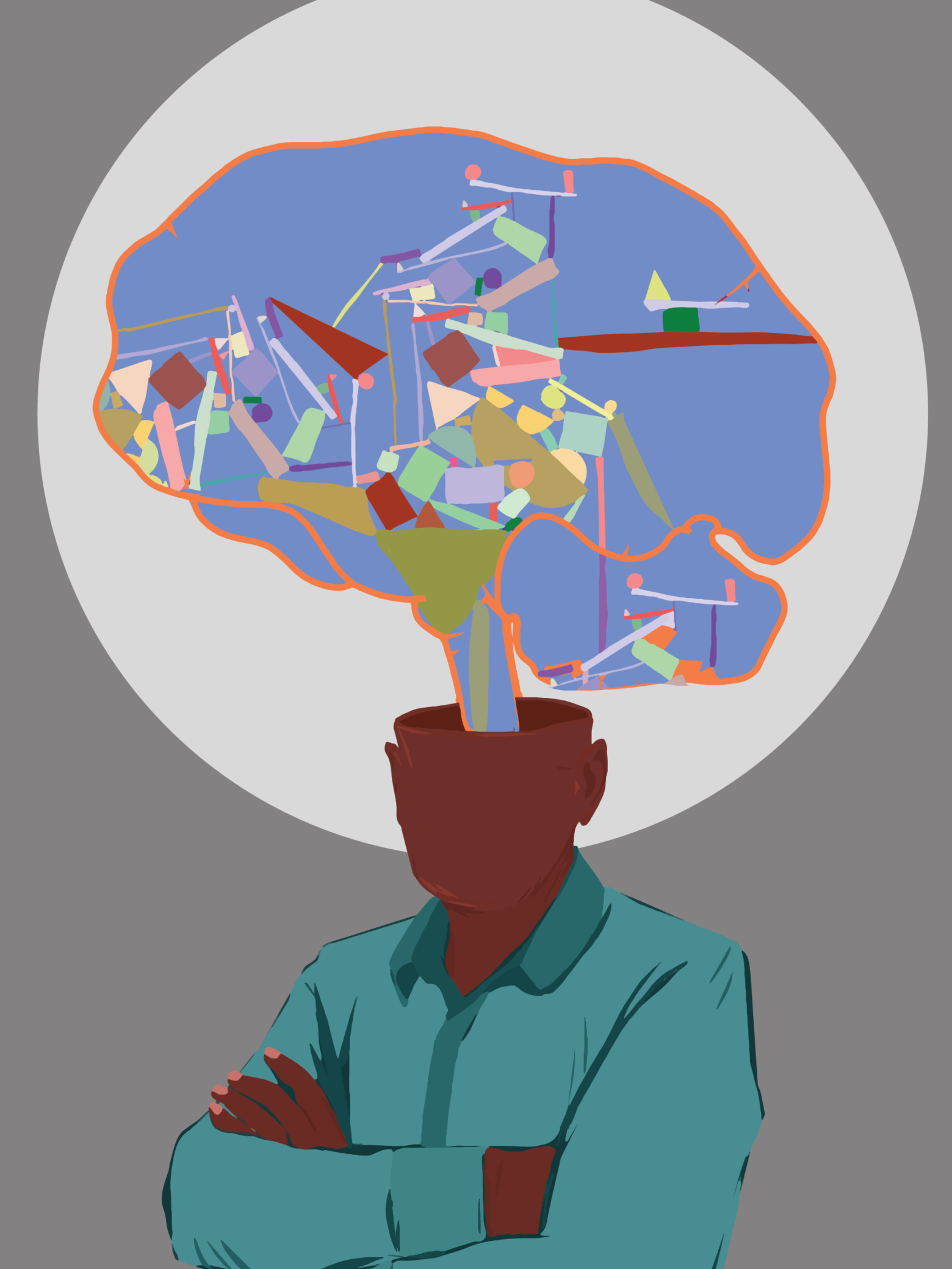 Illustration: A black man stands with his arms crossed. The top of his head is bisected showing an abstract illustration of the brain.