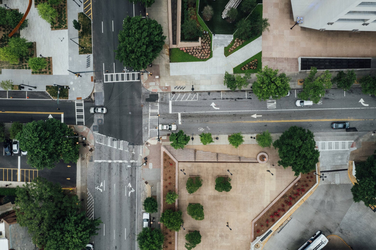 Birdseye photo of modern urban streets.