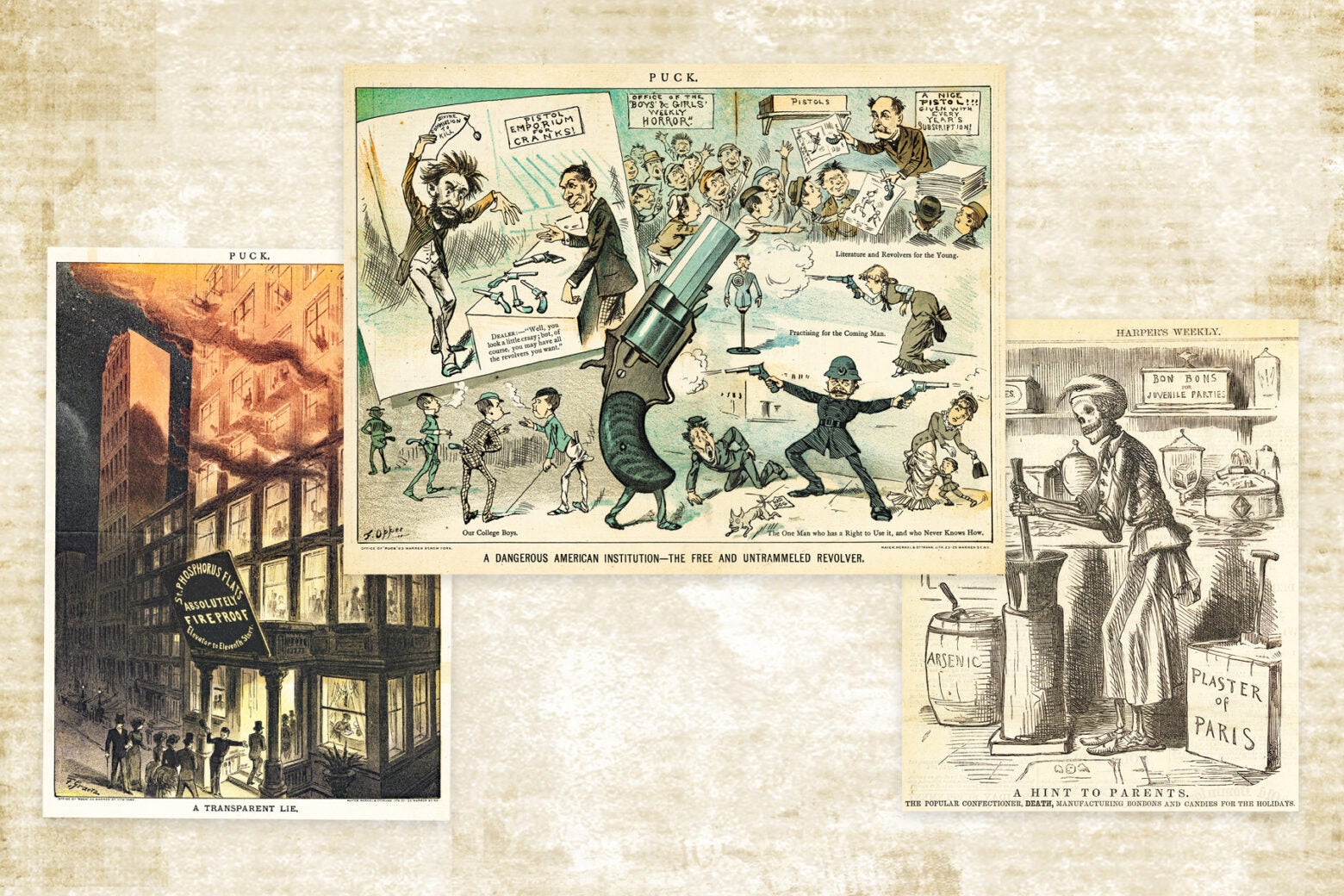 Three historical public-health editorial cartoons rest on a piece of worn newsprint